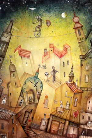 11892 Mr Poster Affisch Fantasytown Konst Fantasi Målning Hus Lindansare Människor 1.png